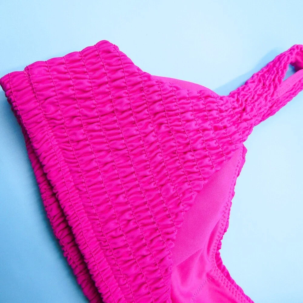 Victorias Secret Medium Pink Ruched Fabric Padded Ribbed Bikini Top Pullover New
